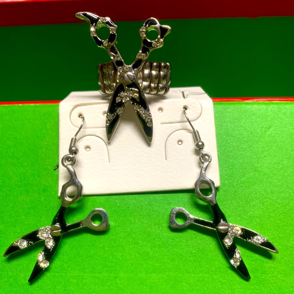 New Silver & Black hairstylist/ seamstress bling earrings & ring